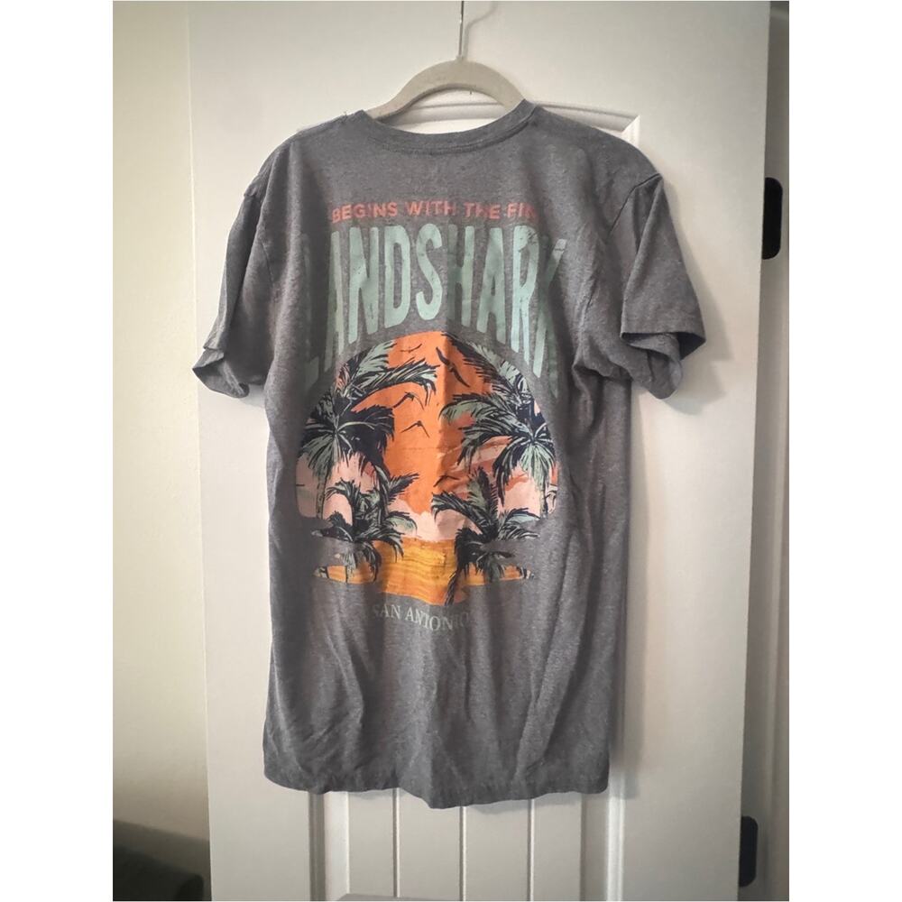 LandShark Margaritaville Gray Tee with Orange Sunset Palm Graphic